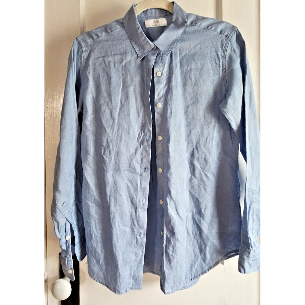 Uniglo blue long sleeve button up 100% Linen shirt woman Sz XS